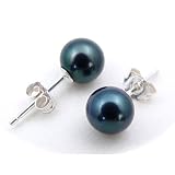 Freshwater Cultured 6.0-6.5mm Black Pearl Earrings with Silver Mount