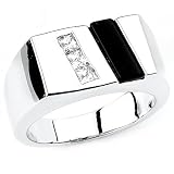 Uniquely Designed Solid Sterling Silver Cubic Zirconia & Onyx Rhodium Plated Men's Ring