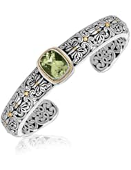 18K Yellow Gold and Sterling Silver Cuff with a Rectangle Green Amethyst Station