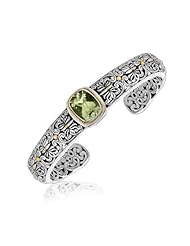 18K Yellow Gold and Sterling Silver Cuff with a Rectangle Green Amethyst Station
