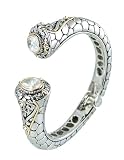 Silver Tone Snake Skin Vintage Style Hinged Cuff Bracelet with Gold Accents & White Jeweled Post