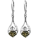 Green Amber and Sterling Silver Irish Claddagh Leverback Earrings