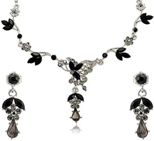 Black Diamond Teardrop Flower Rhinestone SWAROVSKI CRYSTALS Silver Necklace And Earring Jewelry Set