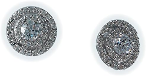 .925 Sterling Silver Double Halo CZ Stud Earrings Silver Tone