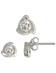 Sterling Silver Matte-finish Fancy Stud Earrings (6mm) & Pendant Slide (8mm tall) Set, w/ Brilliant Cut CZ Stones