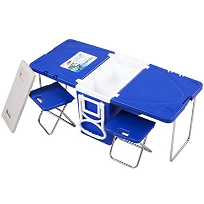 Waybackhome Multi Function Rolling Cooler Camping Picnic Table And 2 Chairs Blue