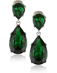 Kenneth Jay Lane Emerald-Color Teardrop Silver Clip Earrings