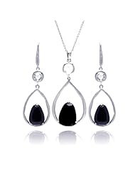 Nickel Free Sterling Silver Pendant & Earring Sets Open Teardrop Black CZ Set