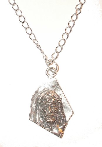 Beautiful Sterling Silver Jesus Christ Head Necklace On Diamond Cut Curb Chain 18 1/2