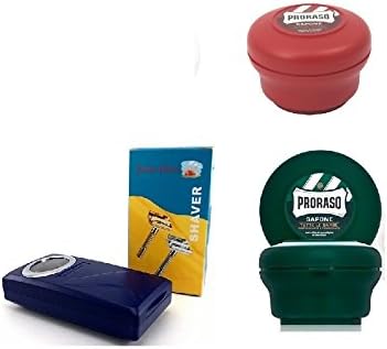 Pro'raso Shave Soap, Sandalwood 150 ml + shaving soap menthol and eucalyptus 4oz + Shaving Factory Double Edge Safety Razor, Silver