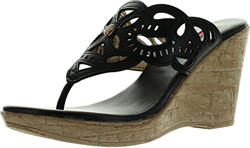 C Label Midori-4 Womens Slip On Beaded Rhinestone T-Strap Thong Wedge Sandals