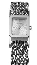Authentic Burberry Ladies Silver Stainless Chain Link Leather Square Nova Check Time Piece Watch BU4740