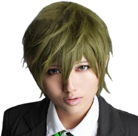 Ainiel Men's Layered Straight Cosplay Costume Party Full Wigs Short Olive Green