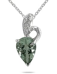 3.60 Carat All Natural Pear Shaped Green Amethyst and Diamond Pendant in .925 Sterling Silver