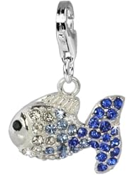 SilberDream Glitter Charm Swarowski Elements fish ICE blue, 925 Sterling Silver Charms Pendant with Lobster Clasp for Charms Bracelet, Necklace or Earring GSC001