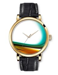 SPRAWL Aanalog Fashion Series Gold Ladies Watches of Genuine Black Leather Strap,Unique Wrist Watch for Women Girls Designed with Blue and yellow wave on white background