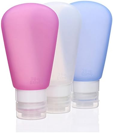 Silicone Travel Bottles Set, Refillable Cosmetic Containers, Fan-Shaped Squeezable Leakproof Reusable Travel Containers in Red Blue White (89ml, 3 packs)
