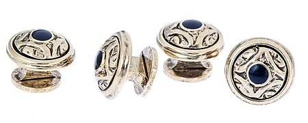 Antique styled gold plated and black enamel set of 4 shirt studs with presentation box. Made in the U.S.A