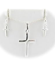 Sterling Silver Modern Cross Pendant Earrings Cable Chain 16, 18, 20, 22 Inch
