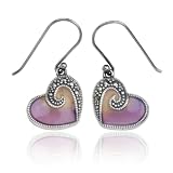 Sterling Silver Marcasite and Purple Epoxy Heart Earrings
