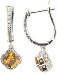 14k White Gold, Four Leaf, Drop, Diamond Earring, with Citrine Stone, with .17 Cttw of Diamonds (G-H Color, SI1-SI2 Clarity)