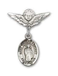 Sterling Silver Baby Badge with St. Thomas A Becket Charm and Angel with Wings Badge Pin