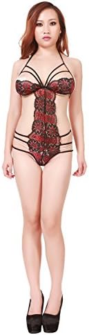 Womens Sexy Lace Crotchless Teddy with Double Color (BLACK)