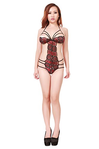 Womens Sexy Lace Crotchless Teddy with Double Color (BLACK)