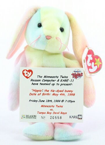 Sports Commemorative Card, Beanie Baby, Ticket Stub - Hippie the Tie-Dye Bunny - Game Day 06/18/1999, Minnesota Twins vs Tampa Bay Devil Rays - Baseball