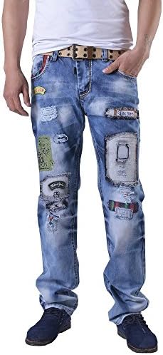 Jiaka Men's Jeans Torn Jeans Patched Holey Washed Words Straight Leg Fitted