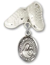 Sterling Silver Baby Badge with Our Lady of Good Counsel Charm and Baby Boots Pin