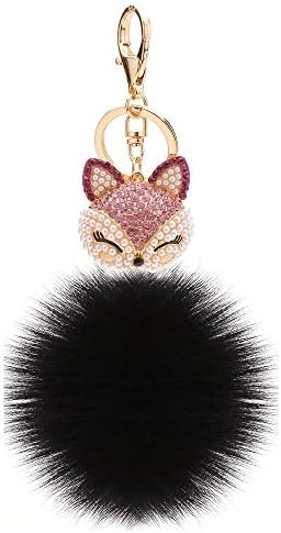 Lovef Cute Womens Ladies Girls Crystal Diamond Keychain Keyrings Fox Head Rabbit Fur Hair Pearl Rhinestone Ball Pompoms Key Chain for Car Keys Ring Clip with Carabiners Charm or Bags Hanging Pendant (4#)
