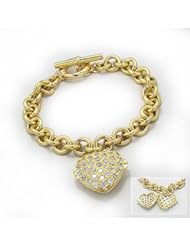 14K Gold Plated Bracelet with Heart Locket and Cubic Zirconias