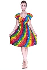 Short Sleeves Summer Tropical Print Rayon  Flowy  Dress With a Bow(s)