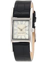 Nine West Womens NW1179SVBK  Silver-Tone White Dial Black Strap Watch