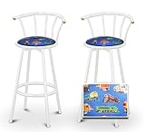 2 Blue Train Fabric Specialty / Custom White Barstools with Backrest Set