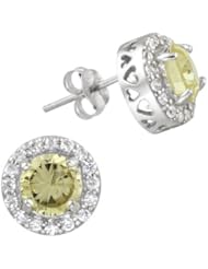 Sterling Silver Round Cubic Zirconia with Pave Border Stud Post Earrings