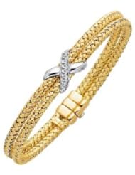 .925 Sterling Silver 2 Rows Basketweave with Diamond Accents X Cross Yellow Gold Overlay Bangle Bracelet 0.09ct