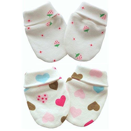 2 Pairs 100% Cotton Knitted Fabric Newborn Baby Anti Scratch Mittens (0-6 Months, Multi-Color Hearts/Strawberries)