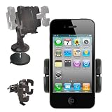 DURAGADGET 3 In 1 Car Mount / Holder / Cradle For Apple iPod touch/iPhone Phone - Vent Mount, Windscreen Suction Mount, Dash Disc & Car Charger - Life Time Warranty