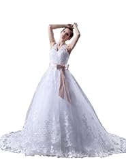 V-neck  Satin Halter Lace  Ball Gown Wedding Dress  With a Sash 