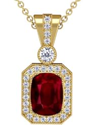 18K Yellow Gold Cushion Cut Ruby And Round Diamond Pendant