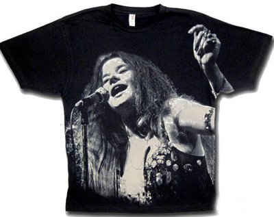 Janis Joplin ALL OVER Adult Classic Rock Black T-shirt