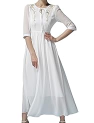 Round Neck Elbow Length Sleeves Lace-Up Embroidered Cotton/Polyester Tunic/Midi Dress 