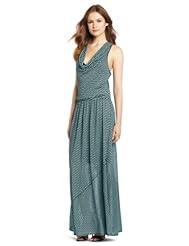 Elasticized   Waistline Striped Print Short Cowl Neck Jersey/Linen Maxi Dress 
