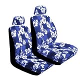 Set of 2 Universal Fit Hawaiian Low Back Front Bucket Seat Cover With Separate Headrest Cover for Seats - Blue Hawaii Hibiscus Floral Print