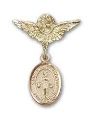 14K Gold Baby Badge with St. Nino de Atocha Charm and Angel with Wings Badge Pin
