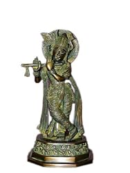 Krishna Playing Flute Statue Hindu God Brass Sculpture Meditation Gift 10"