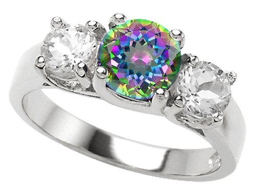 2.35 cttw 925 Sterling Silver 14K White Gold Plated Genuine Round Mystic Topaz Engagement Ring - Gold Plated Silver