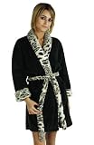 Black Microterry Bathrobe With Leopard Jacquard Trim, 100% Polyester Plush, Short, One Size
